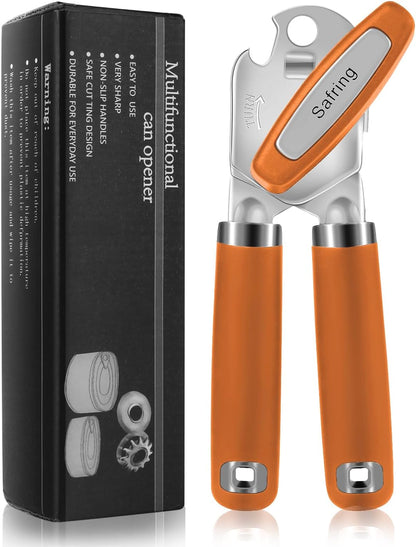 Can Opener Manual, Heavy Duty Handheld Strong Can Opener with Soft Touch Handle, Sharp Blade Smooth Edge, Can Openers with Multifunctional Bottle Opener, Beige