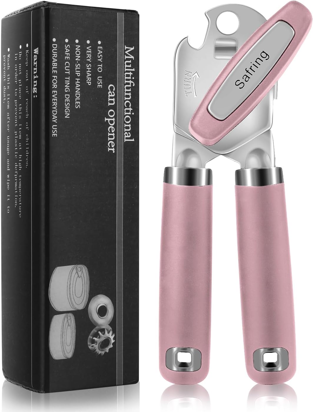 Can Opener Manual, Heavy Duty Handheld Strong Can Opener with Soft Touch Handle, Sharp Blade Smooth Edge, Can Openers with Multifunctional Bottle Opener, Beige