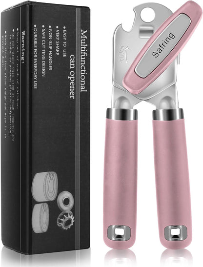 Can Opener Manual, Heavy Duty Handheld Strong Can Opener with Soft Touch Handle, Sharp Blade Smooth Edge, Can Openers with Multifunctional Bottle Opener, Beige