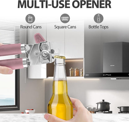 Can Opener Manual, Heavy Duty Handheld Strong Can Opener with Soft Touch Handle, Sharp Blade Smooth Edge, Can Openers with Multifunctional Bottle Opener, Beige