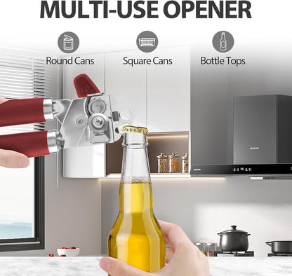 Can Opener Manual, Heavy Duty Handheld Strong Can Opener with Soft Touch Handle, Sharp Blade Smooth Edge, Can Openers with Multifunctional Bottle Opener, Beige