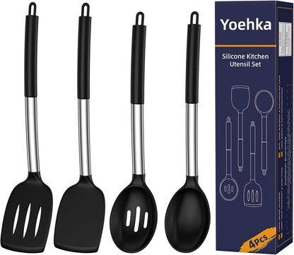 Silicone Cooking Utensils Set, 4Pcs Spatula and Spoon Set, Black
