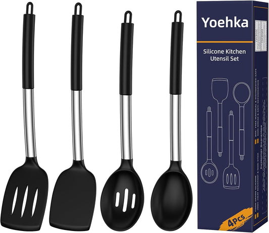 Silicone Cooking Utensils Set, 4Pcs Spatula and Spoon Set, Black