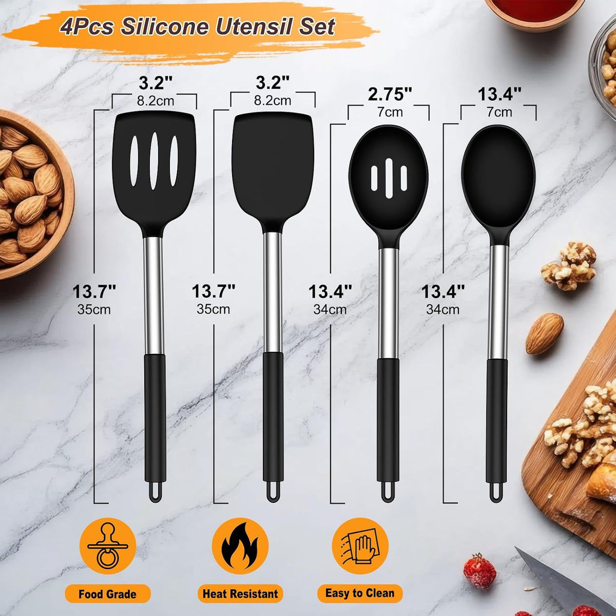 Silicone Cooking Utensils Set, 4Pcs Spatula and Spoon Set, Black
