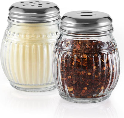 Cheese and Pepper Shakers Set of 2, 6oz Glass Spice Shakers with Perforated and Slotted Top (Clear)