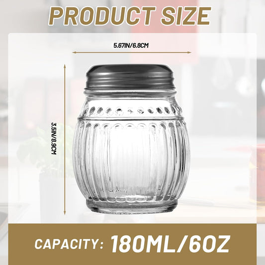 Cheese and Pepper Shakers Set of 2, 6oz Glass Spice Shakers with Perforated and Slotted Top (Clear)