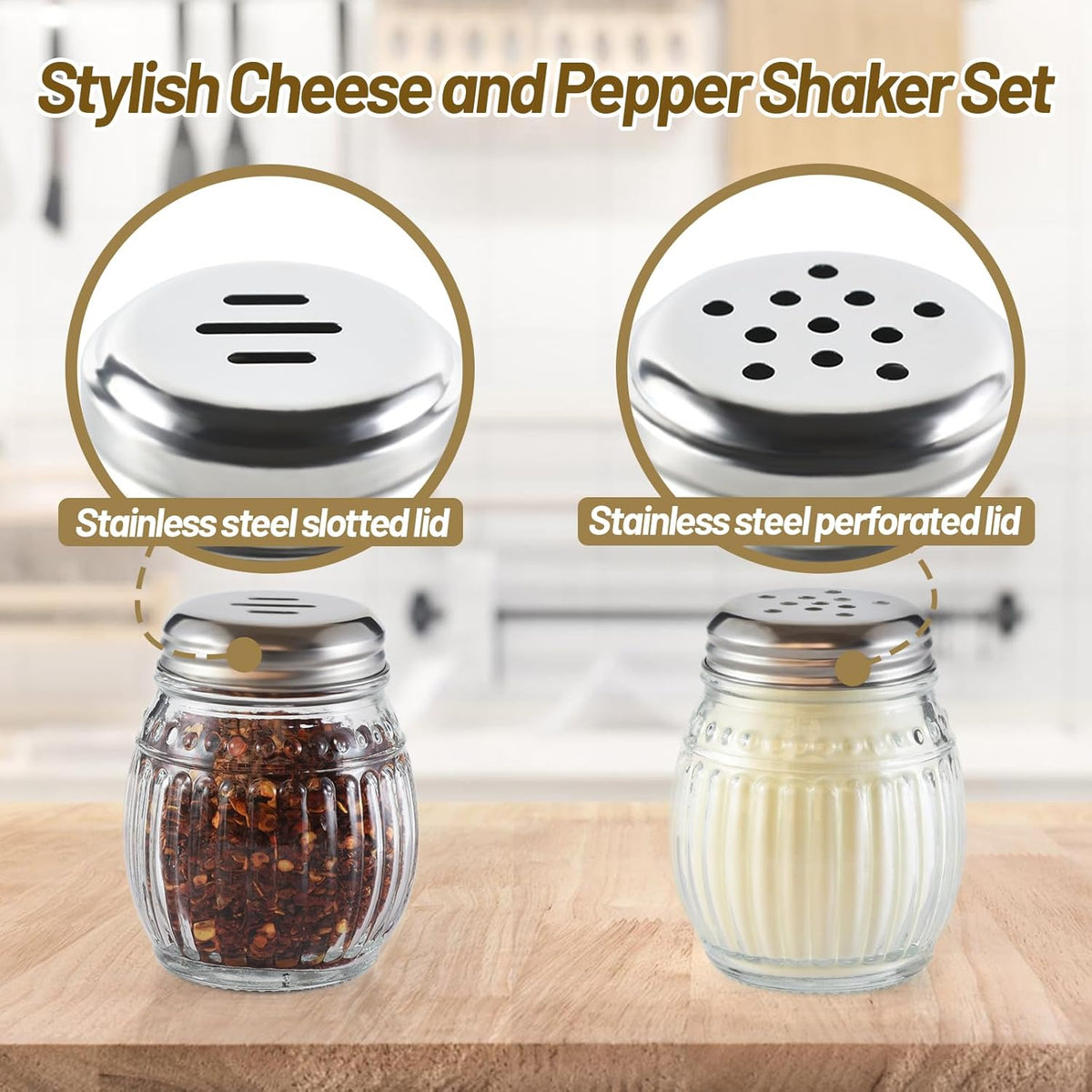 Cheese and Pepper Shakers Set of 2, 6oz Glass Spice Shakers with Perforated and Slotted Top (Clear)