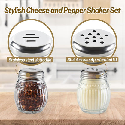 Cheese and Pepper Shakers Set of 2, 6oz Glass Spice Shakers with Perforated and Slotted Top (Clear)