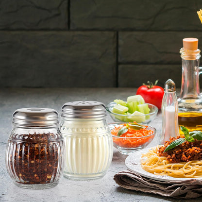 Cheese and Pepper Shakers Set of 2, 6oz Glass Spice Shakers with Perforated and Slotted Top (Clear)
