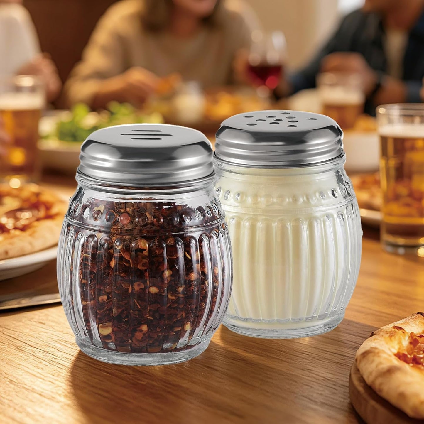Cheese and Pepper Shakers Set of 2, 6oz Glass Spice Shakers with Perforated and Slotted Top (Clear)