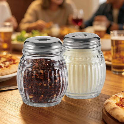 Cheese and Pepper Shakers Set of 2, 6oz Glass Spice Shakers with Perforated and Slotted Top (Clear)