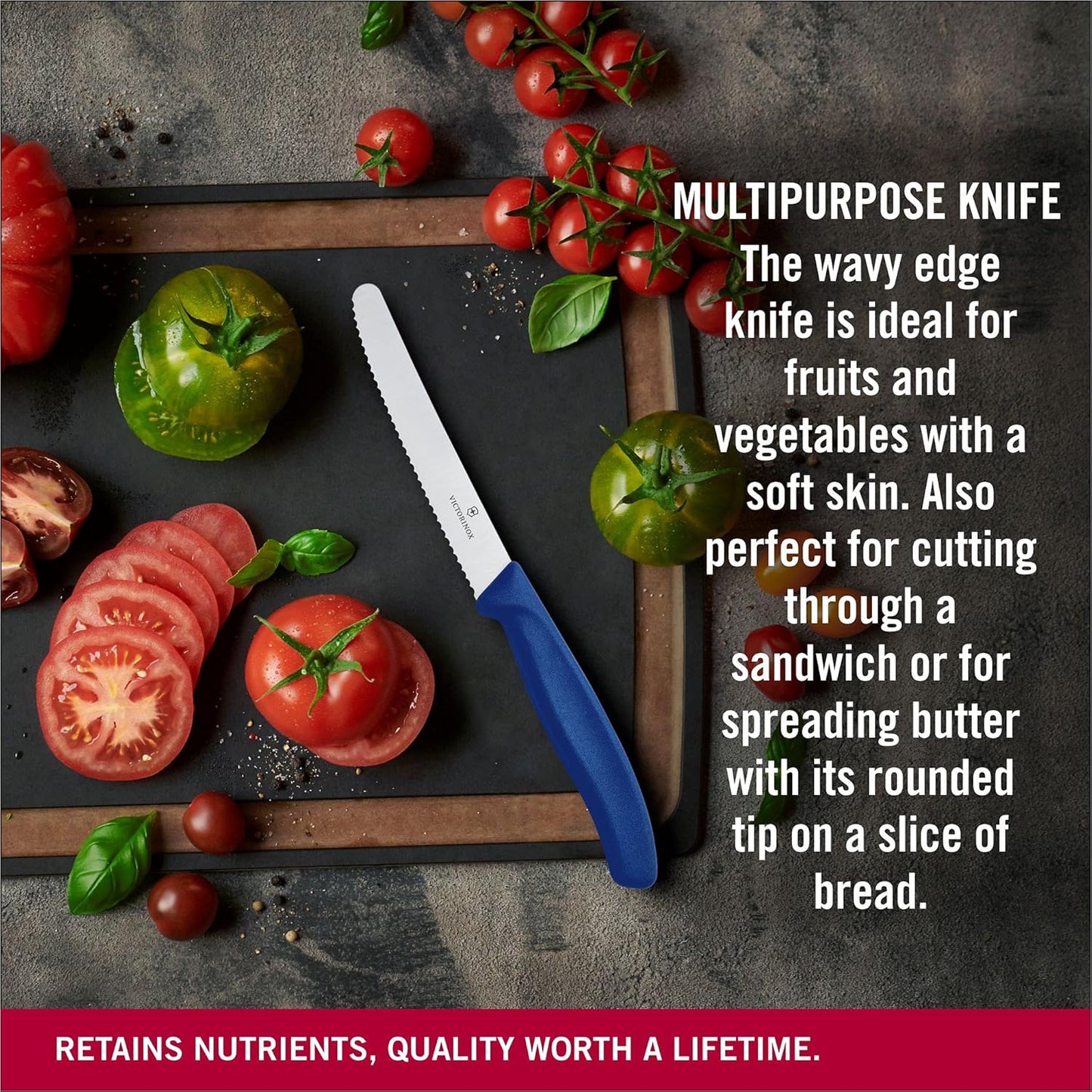 Swiss Classic 4.3 In Tomato and Table Knife,Serrated Blade, Red | stainless steel blade for precision cutting of soft-skin fruits and vegetables. Ergonomic non-slip handle.