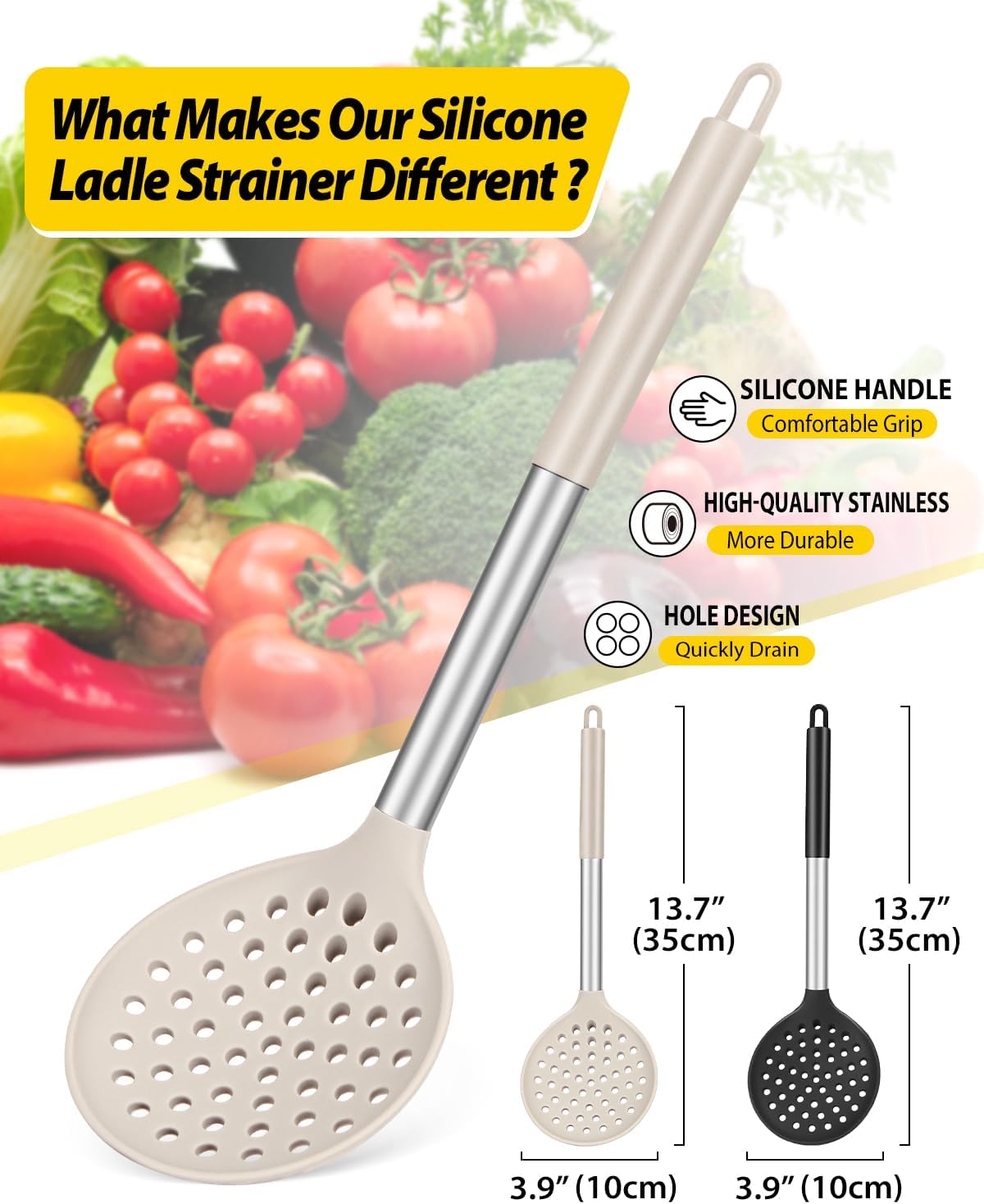 Silicone Kitchen Ladle Strainer, 2 Pack, Black-Red