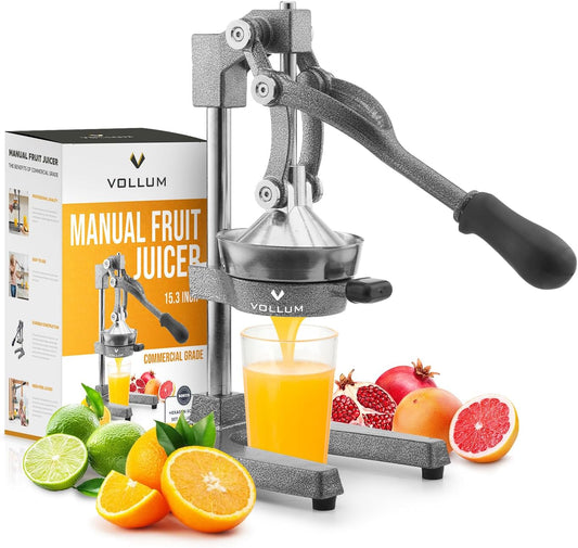 Manual Citrus Juicer Squeezer – Stainless Steel, Cast Iron | Commercial-grade hand press for oranges, lemons, and limes. Non-skid suction cup base keeps it stable. 15-inch, gray finish.