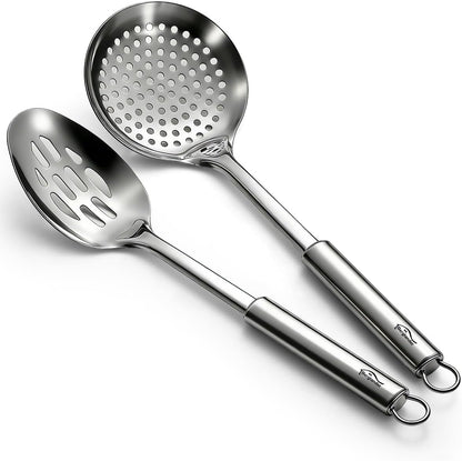 Kitchen Skimmer Slotted Spoons for Straining 2 pcs 13", Stainless Steel Kitchen Spider Strainer Ladle Spoon for Straining Pasta/Cooking/Frying/Noodle, Metal Kitchen Utensils Pasta Spoon