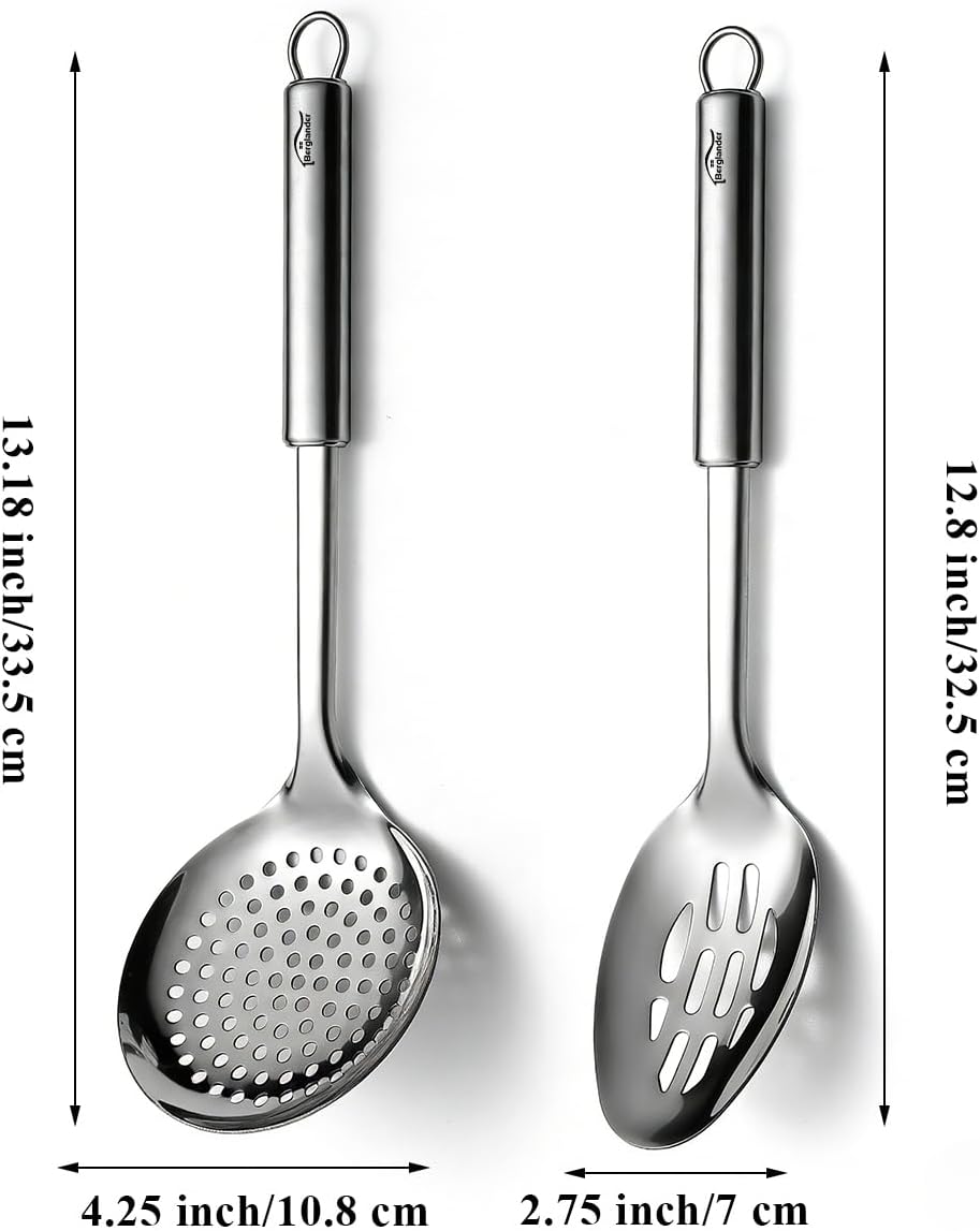 Kitchen Skimmer Slotted Spoons for Straining 2 pcs 13", Stainless Steel Kitchen Spider Strainer Ladle Spoon for Straining Pasta/Cooking/Frying/Noodle, Metal Kitchen Utensils Pasta Spoon