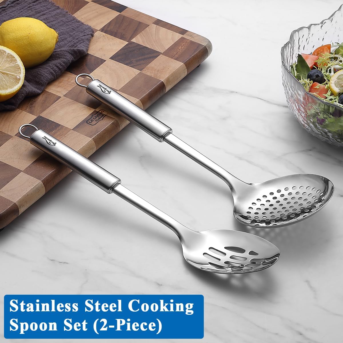 Kitchen Skimmer Slotted Spoons for Straining 2 pcs 13", Stainless Steel Kitchen Spider Strainer Ladle Spoon for Straining Pasta/Cooking/Frying/Noodle, Metal Kitchen Utensils Pasta Spoon