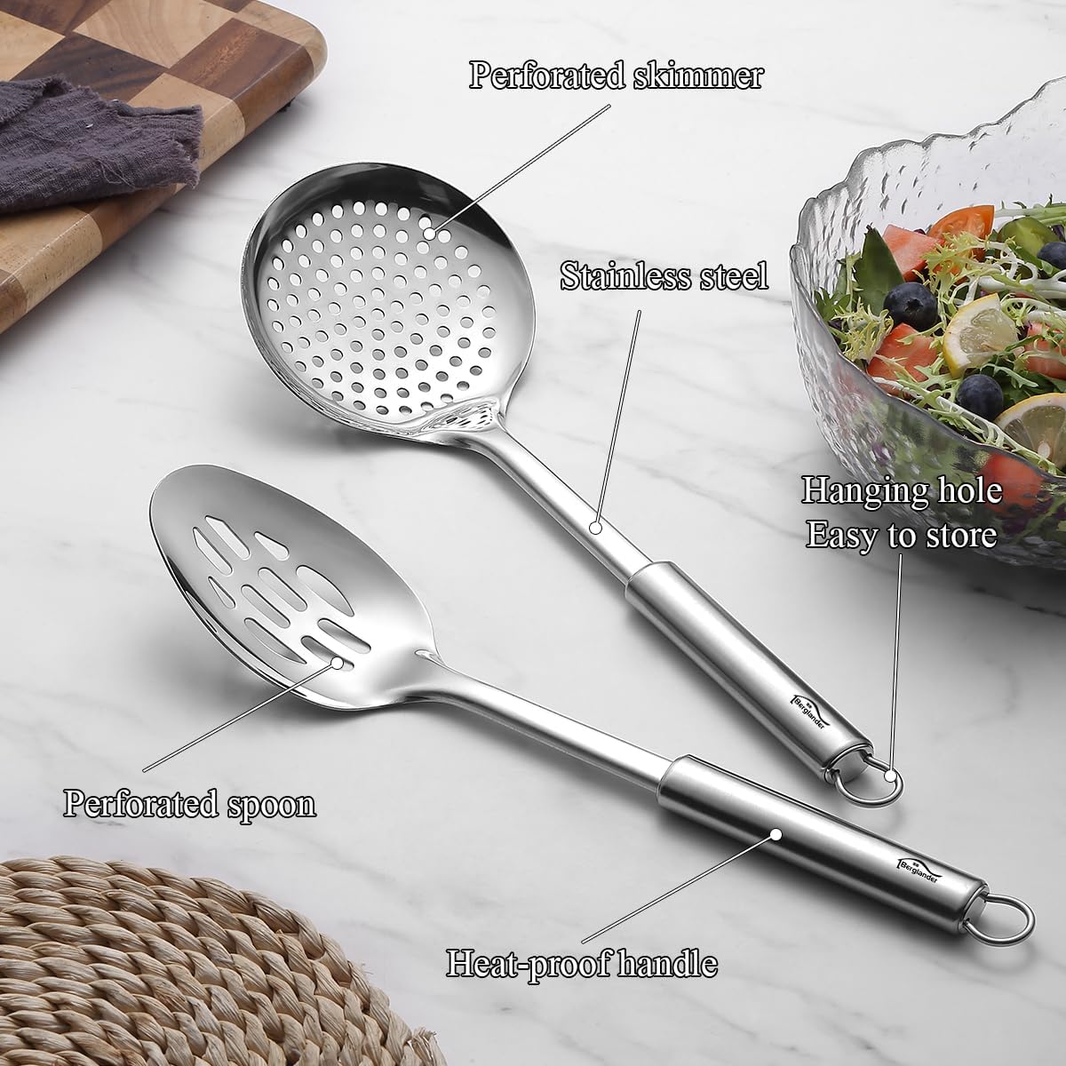 Kitchen Skimmer Slotted Spoons for Straining 2 pcs 13", Stainless Steel Kitchen Spider Strainer Ladle Spoon for Straining Pasta/Cooking/Frying/Noodle, Metal Kitchen Utensils Pasta Spoon