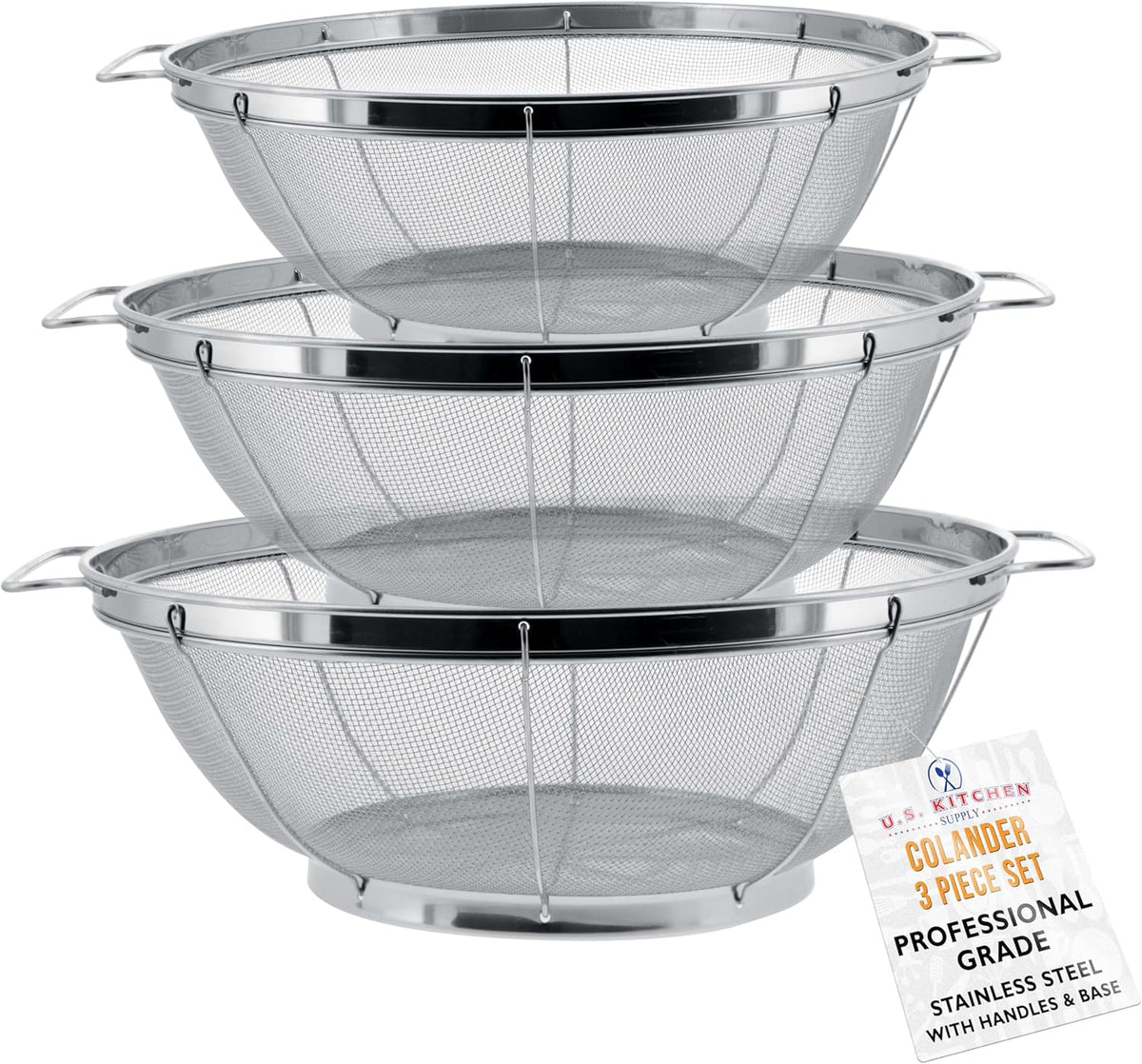 Set of 3 Stainless Steel Colander Strainers Net Baskets
