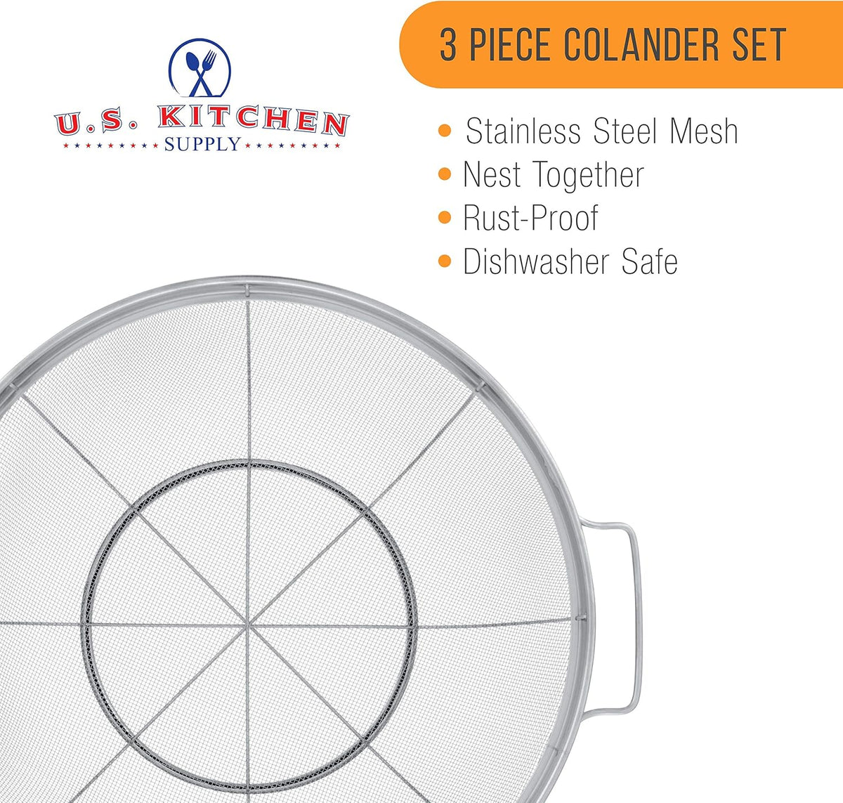 Set of 3 Stainless Steel Colander Strainers Net Baskets
