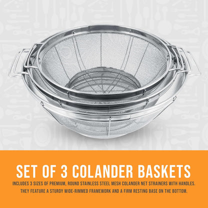 Set of 3 Stainless Steel Colander Strainers Net Baskets