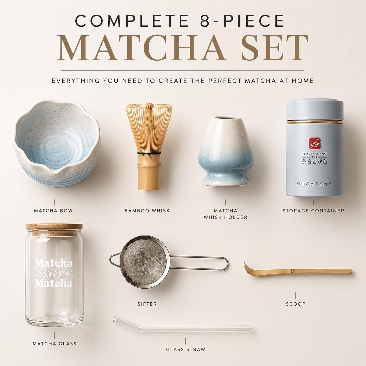 ® MATCHA WHISK SET PREMIUM 11pcs - Professional Matcha Kit Set with Matcha Bowl, Matcha Whisk, Milk Frother, Spoon, Sifter, Scoop, Stand, Cup, Tea Mat, Cloth - Matcha Bowl Set