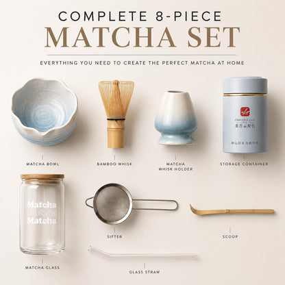 ® MATCHA WHISK SET PREMIUM 11pcs - Professional Matcha Kit Set with Matcha Bowl, Matcha Whisk, Milk Frother, Spoon, Sifter, Scoop, Stand, Cup, Tea Mat, Cloth - Matcha Bowl Set