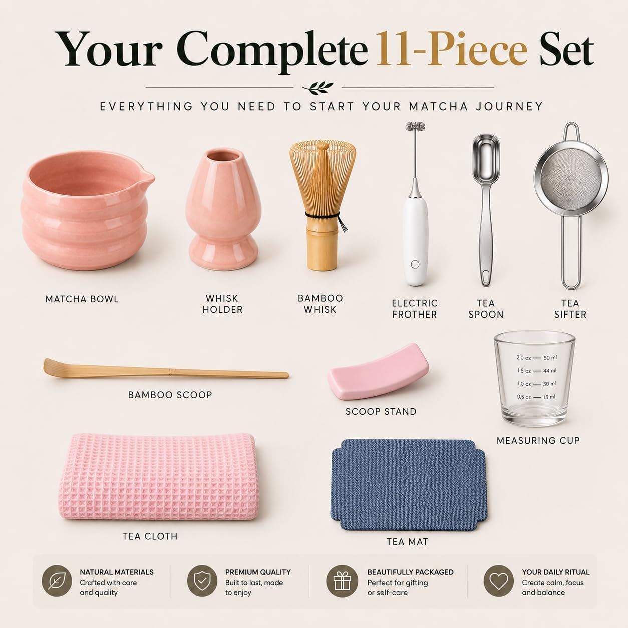 ® MATCHA WHISK SET PREMIUM 11pcs - Professional Matcha Kit Set with Matcha Bowl, Matcha Whisk, Milk Frother, Spoon, Sifter, Scoop, Stand, Cup, Tea Mat, Cloth - Matcha Bowl Set