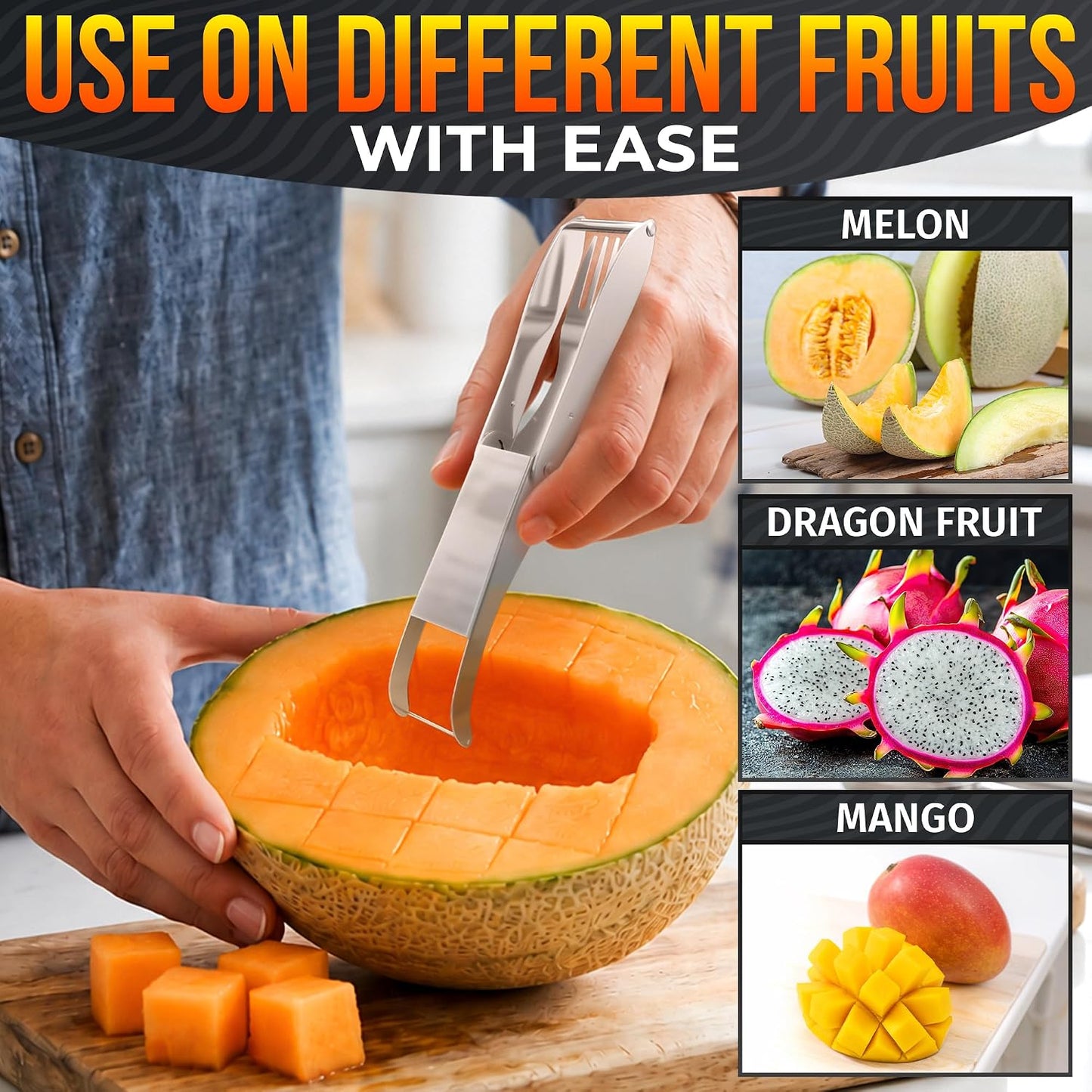 2-in-1 Watermelon Slicer Cutter Tool, Stainless Steel, Cubes & Slices | Watermelon Cutter Slicer Tool; Fast Clean Cuts; Dishwasher Safe; for Cutting & Serving; for BBQ, Picnic, Camping & Snack Prep