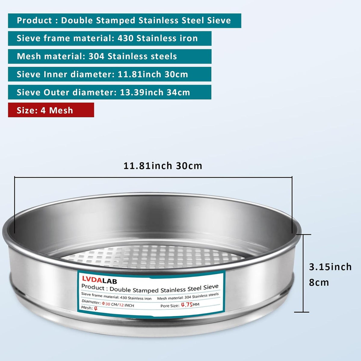 12" (30cm) 304 Stainless Steel Lab Sieve, 100 Mesh (0.15mm) Screen Sifter - Colors B
