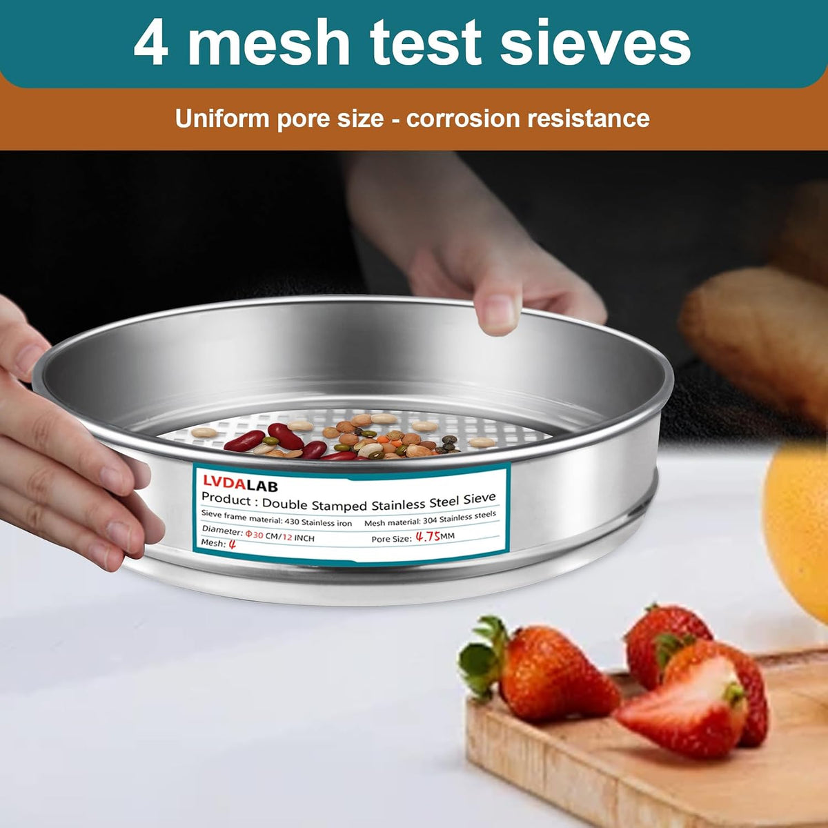 12" (30cm) 304 Stainless Steel Lab Sieve, 100 Mesh (0.15mm) Screen Sifter - Colors B