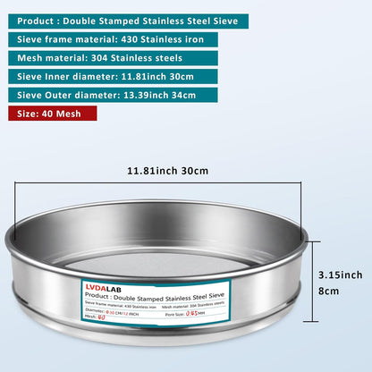 12" (30cm) 304 Stainless Steel Lab Sieve, 100 Mesh (0.15mm) Screen Sifter - Colors B