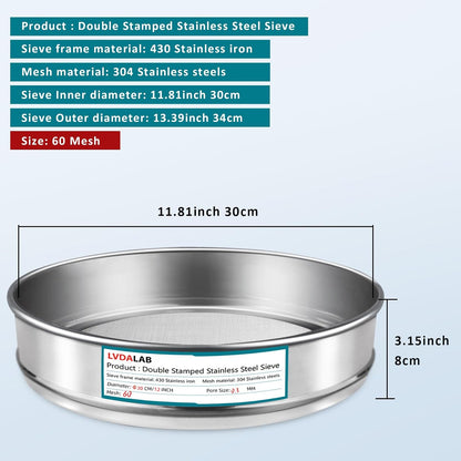 12" (30cm) 304 Stainless Steel Lab Sieve, 100 Mesh (0.15mm) Screen Sifter - Colors B
