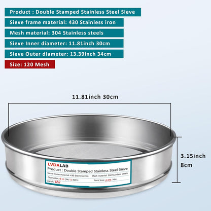 12" (30cm) 304 Stainless Steel Lab Sieve, 100 Mesh (0.15mm) Screen Sifter - Colors B