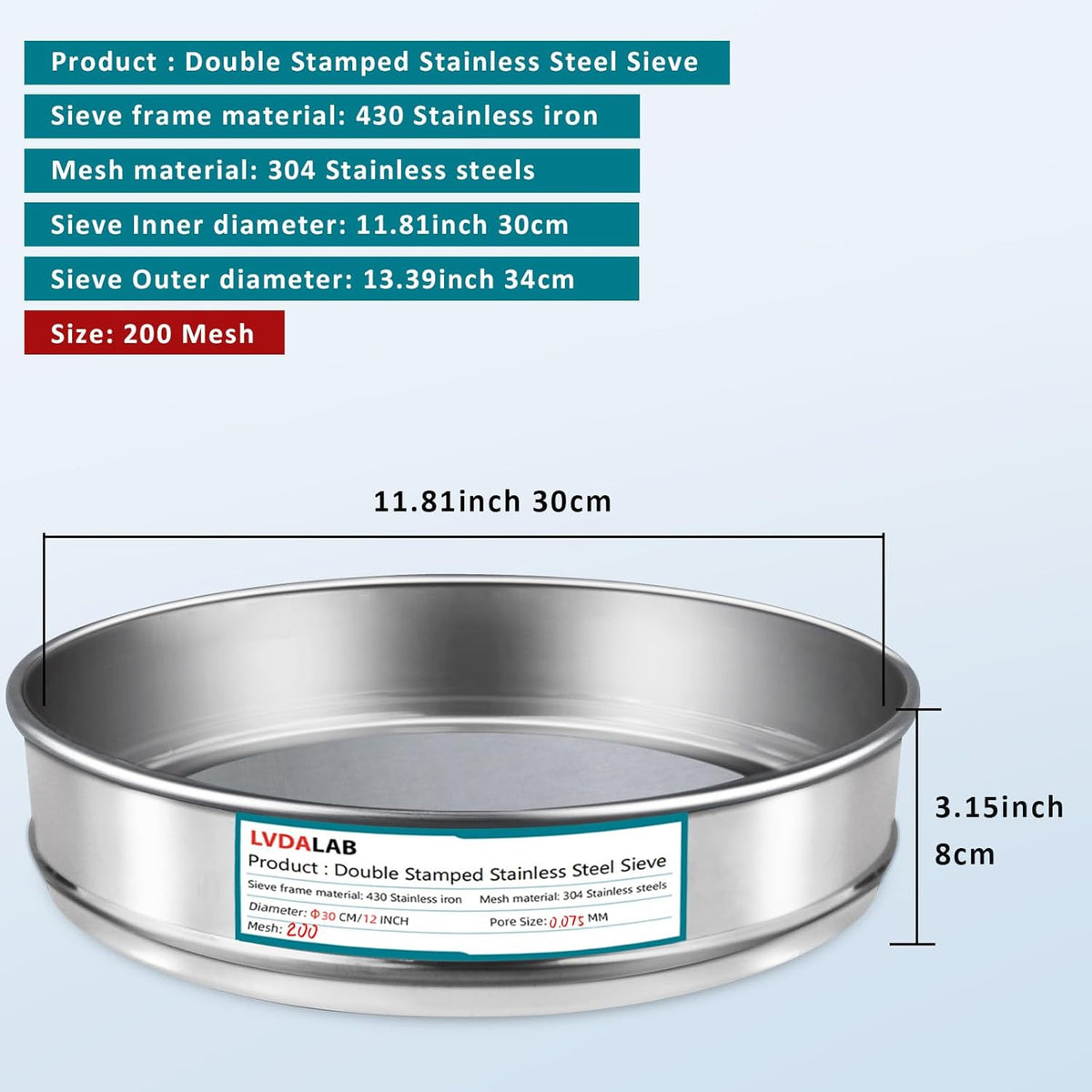 12" (30cm) 304 Stainless Steel Lab Sieve, 100 Mesh (0.15mm) Screen Sifter - Colors B