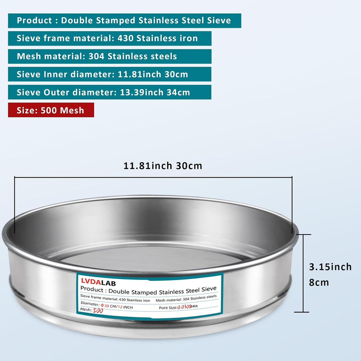 12" (30cm) 304 Stainless Steel Lab Sieve, 100 Mesh (0.15mm) Screen Sifter - Colors B