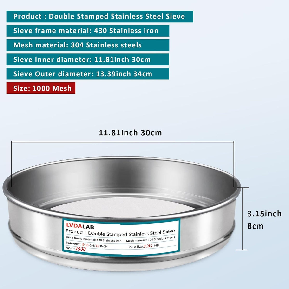 12" (30cm) 304 Stainless Steel Lab Sieve, 100 Mesh (0.15mm) Screen Sifter - Colors B