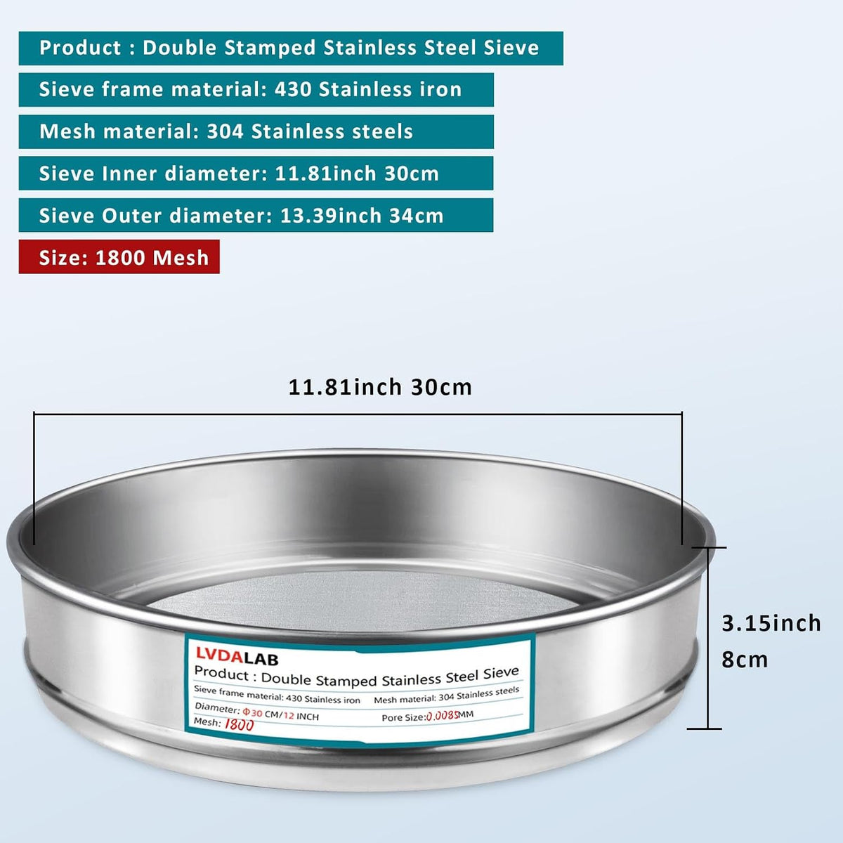 12" (30cm) 304 Stainless Steel Lab Sieve, 100 Mesh (0.15mm) Screen Sifter - Colors B
