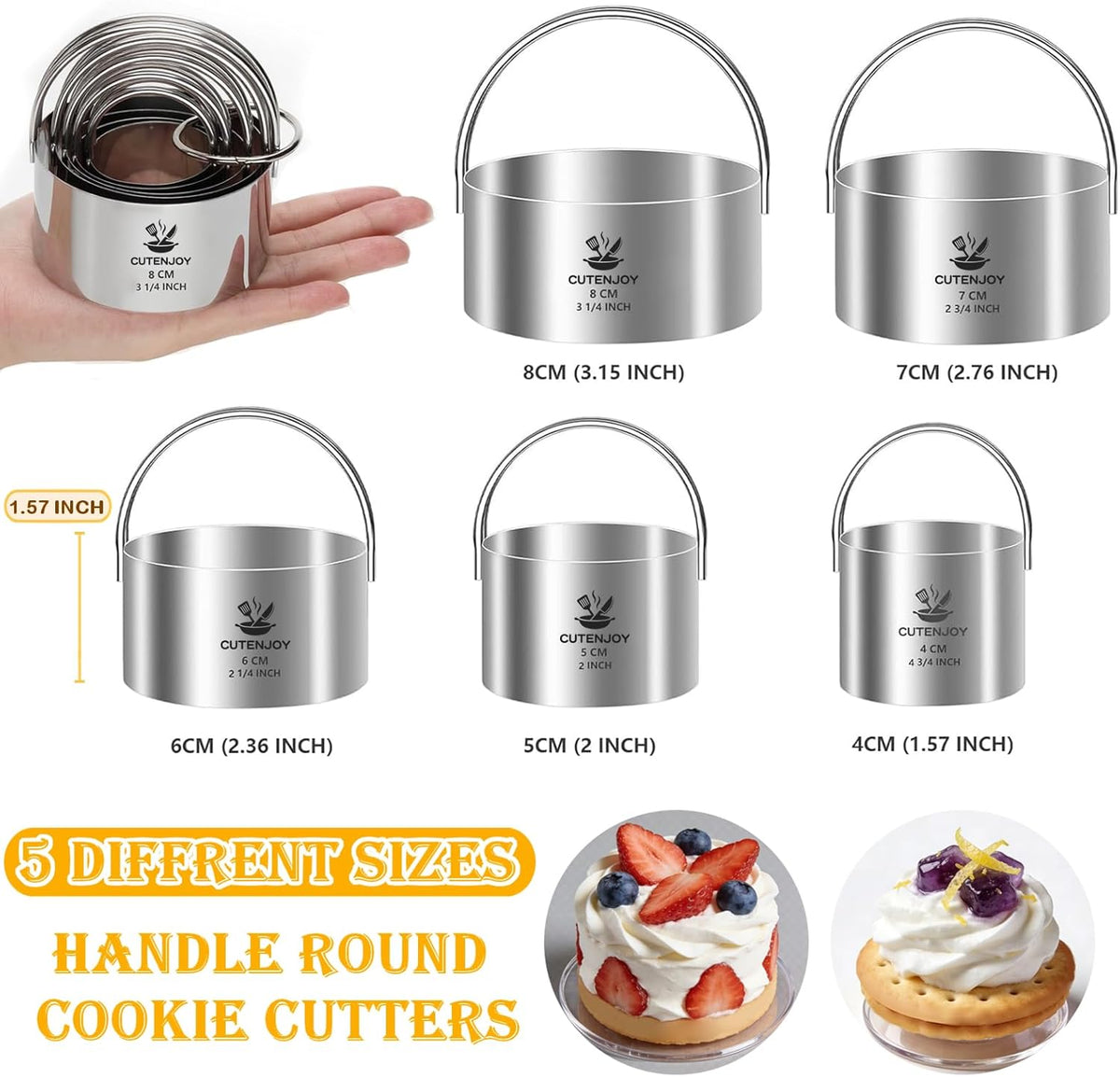 Cookie Cutters, 5 Pieces Round Biscuit Cutter Set with Handle | Dishwasher-Safe, Comfortable Grip, Professional Baking Dough Cutter Tools for Thick Dough, Biscuits & Fondant