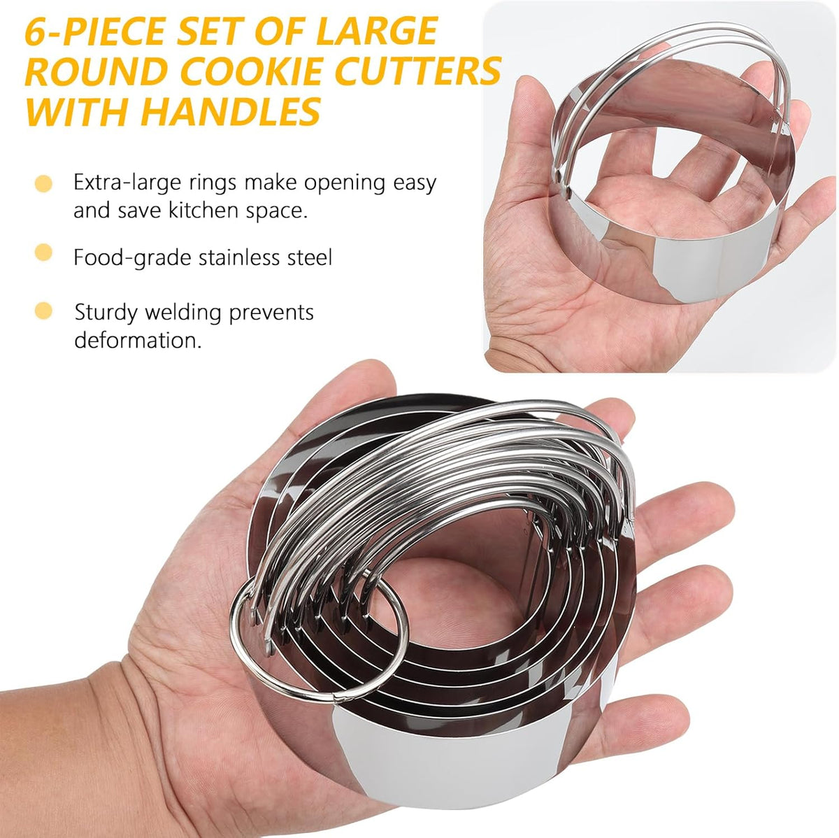 Cookie Cutters, 5 Pieces Round Biscuit Cutter Set with Handle | Dishwasher-Safe, Comfortable Grip, Professional Baking Dough Cutter Tools for Thick Dough, Biscuits & Fondant