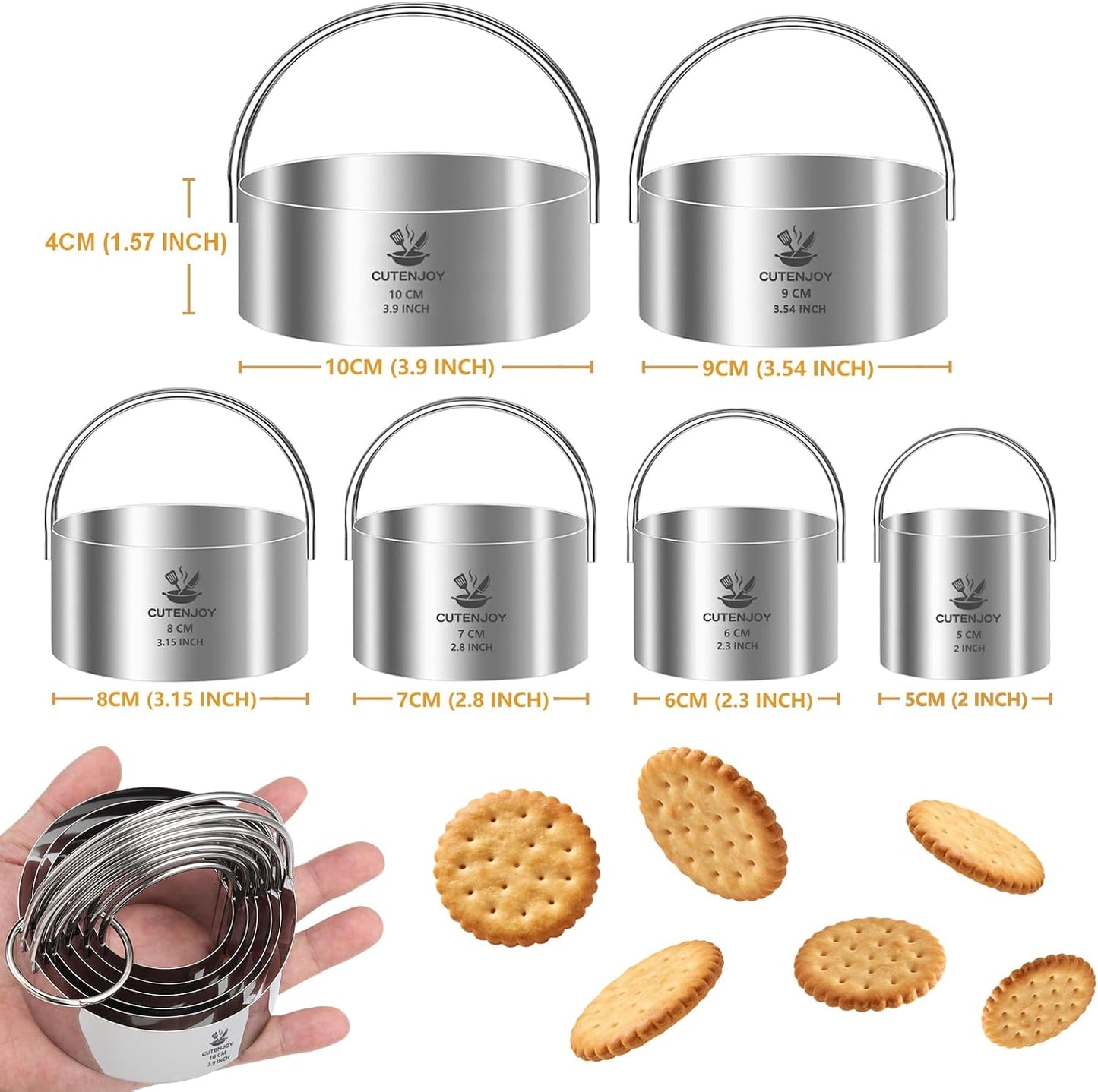 Cookie Cutters, 5 Pieces Round Biscuit Cutter Set with Handle | Dishwasher-Safe, Comfortable Grip, Professional Baking Dough Cutter Tools for Thick Dough, Biscuits & Fondant