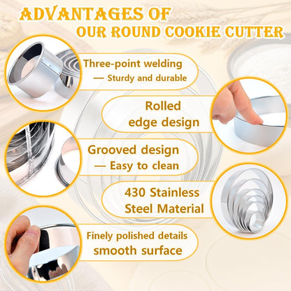 Cookie Cutters, 5 Pieces Round Biscuit Cutter Set with Handle | Dishwasher-Safe, Comfortable Grip, Professional Baking Dough Cutter Tools for Thick Dough, Biscuits & Fondant