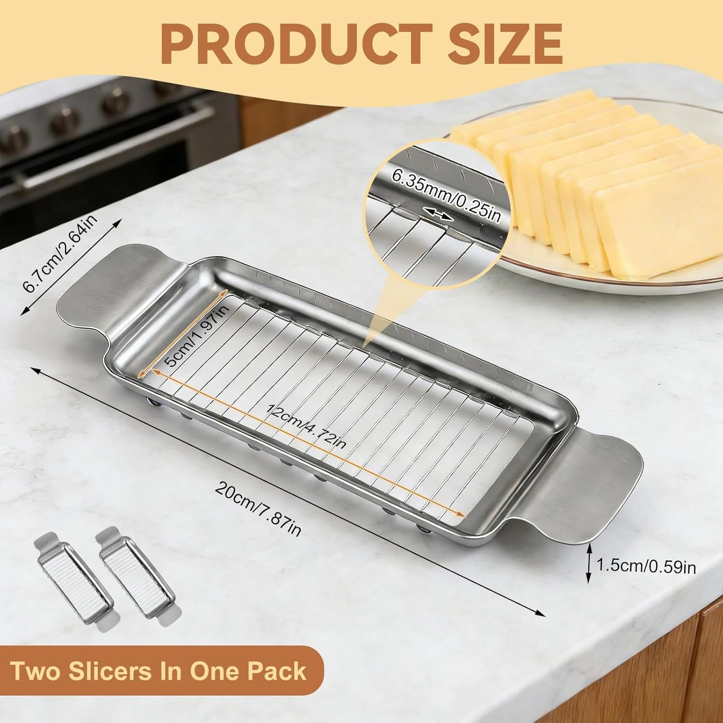 2Pcs Cheese Slicer & Butter Slicer Cutter for Block Cheese, Butter Squares | Stainless Steel Precision with Ergonomic Non-Slip Handle