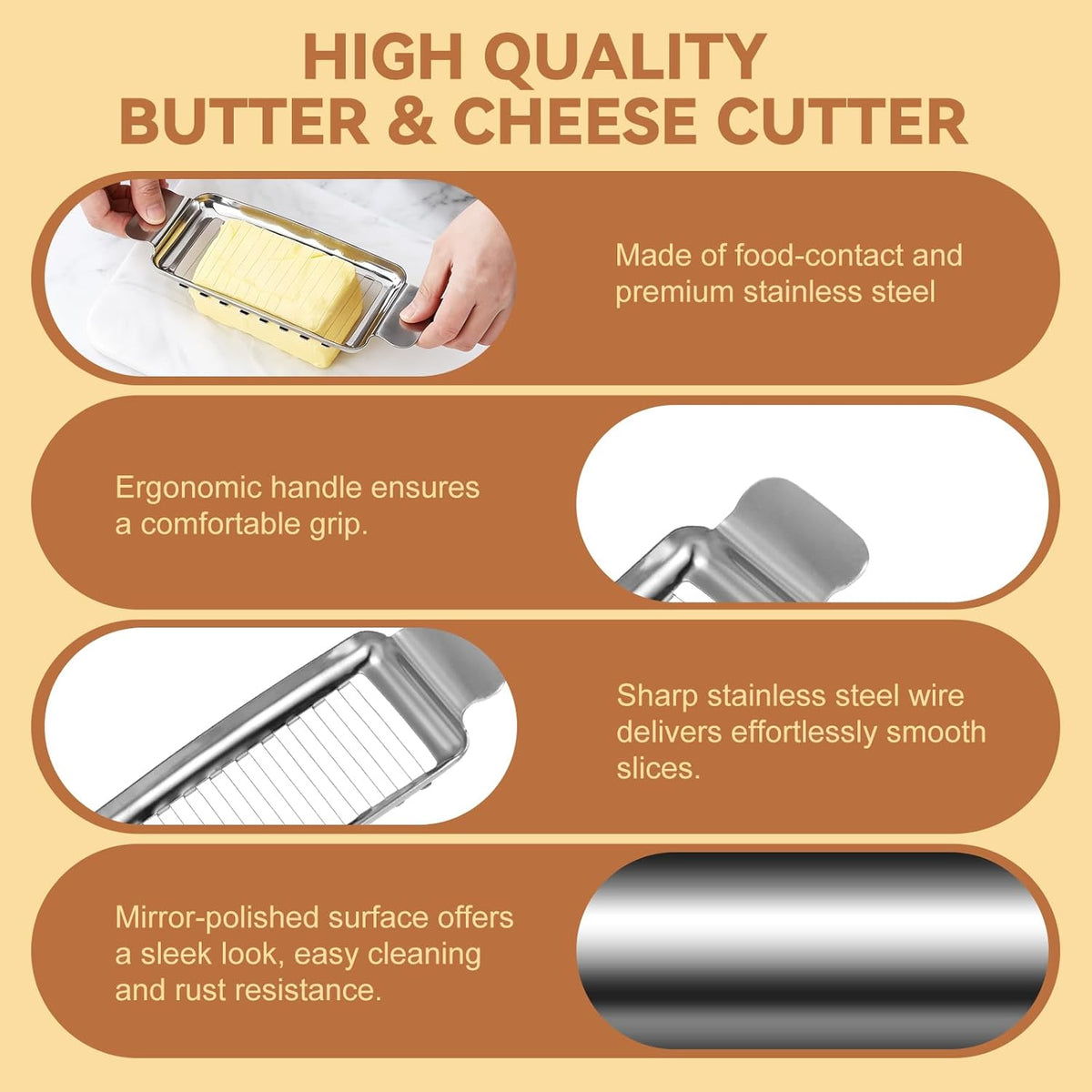 2Pcs Cheese Slicer & Butter Slicer Cutter for Block Cheese, Butter Squares | Stainless Steel Precision with Ergonomic Non-Slip Handle