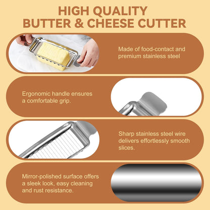 2Pcs Cheese Slicer & Butter Slicer Cutter for Block Cheese, Butter Squares | Stainless Steel Precision with Ergonomic Non-Slip Handle