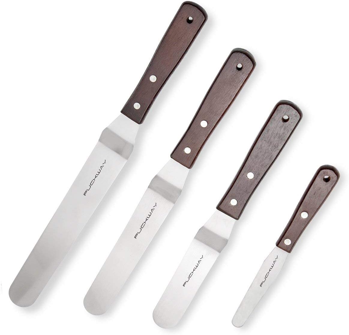 Offset Cake Icing Spatula Set of 4, 4"-6"-8"-10" | Professional Stainless Steel, Cake Decorating Frosting Spatulas, Flexible Resistant Blade, Wooden Handle For Easy Grip