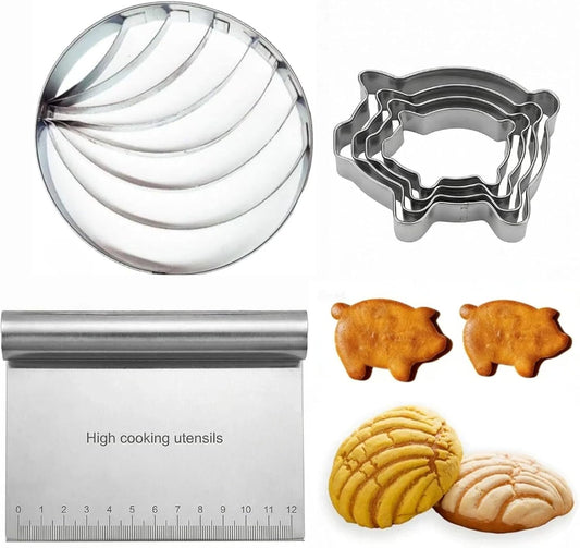 Concha Cutter Set,Stainless Steel Concha Stamp | With Dough Scraper And 5 Pcs Pig Cookie Cutter,For Bread Cookie Biscuit,Durable Baking Tools