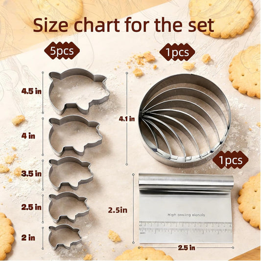 Concha Cutter Set,Stainless Steel Concha Stamp | With Dough Scraper And 5 Pcs Pig Cookie Cutter,For Bread Cookie Biscuit,Durable Baking Tools