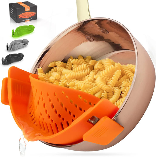 Zulay Silicone Pot Strainer - Adjustable Snap On Strainer For Most Pans & Pots - Food Grade, Heat Resistant, Colander For Draining Pasta, Fruits & Vegetables (Orange)