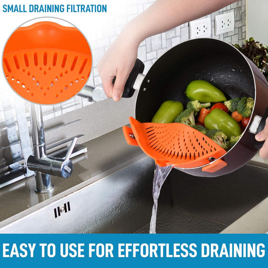 Zulay Silicone Pot Strainer - Adjustable Snap On Strainer For Most Pans & Pots - Food Grade, Heat Resistant, Colander For Draining Pasta, Fruits & Vegetables (Orange)